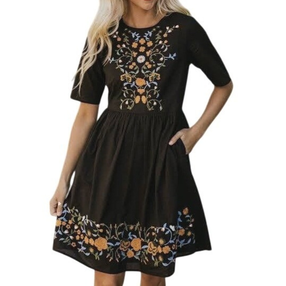 Roolee Floral Embroidered Dress Womens S Black Pockets Modest Boho Cottagecore